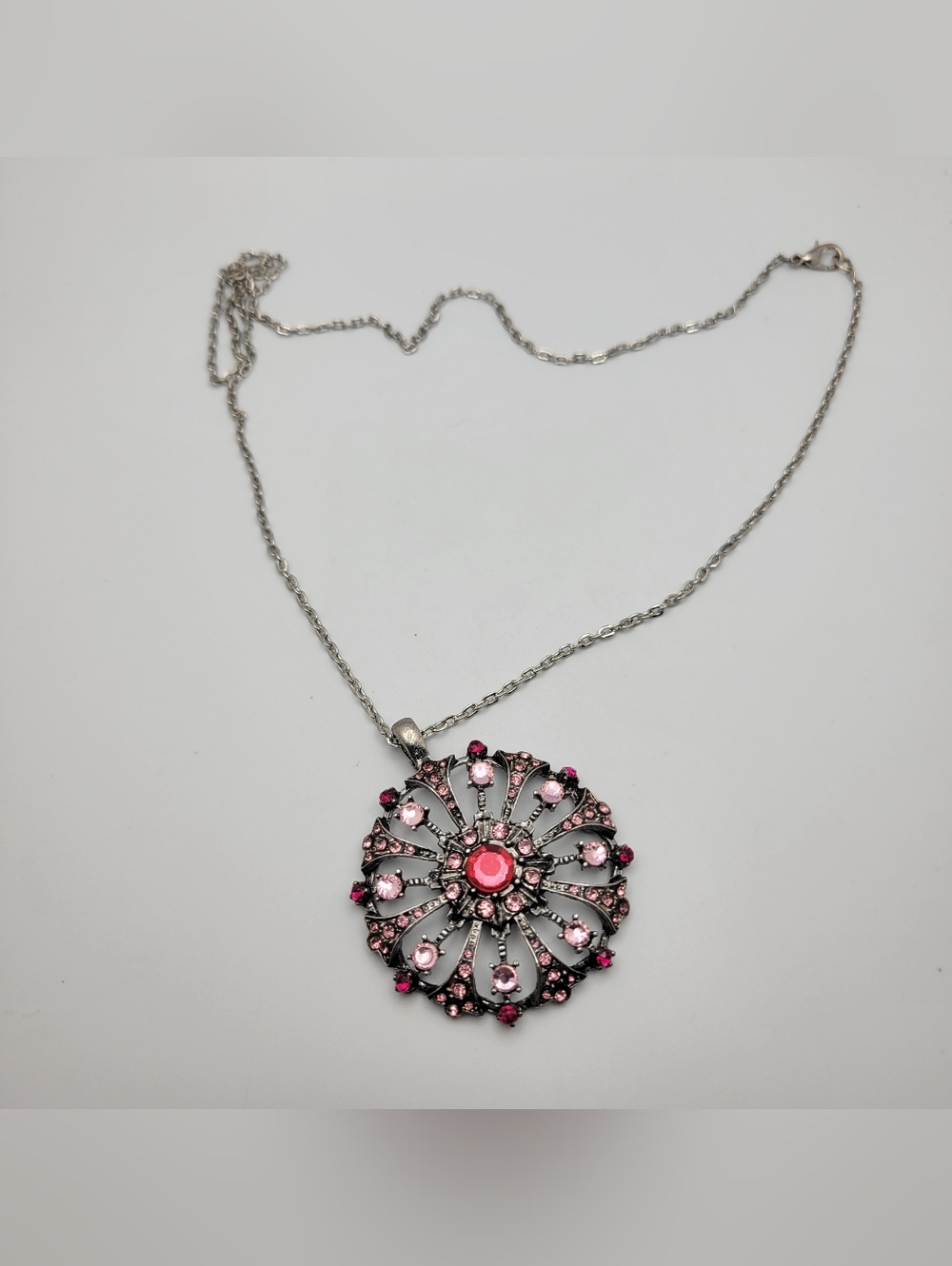 Silver-Tone Pink Crystal Floral Pendant Necklace - Women Jewelry